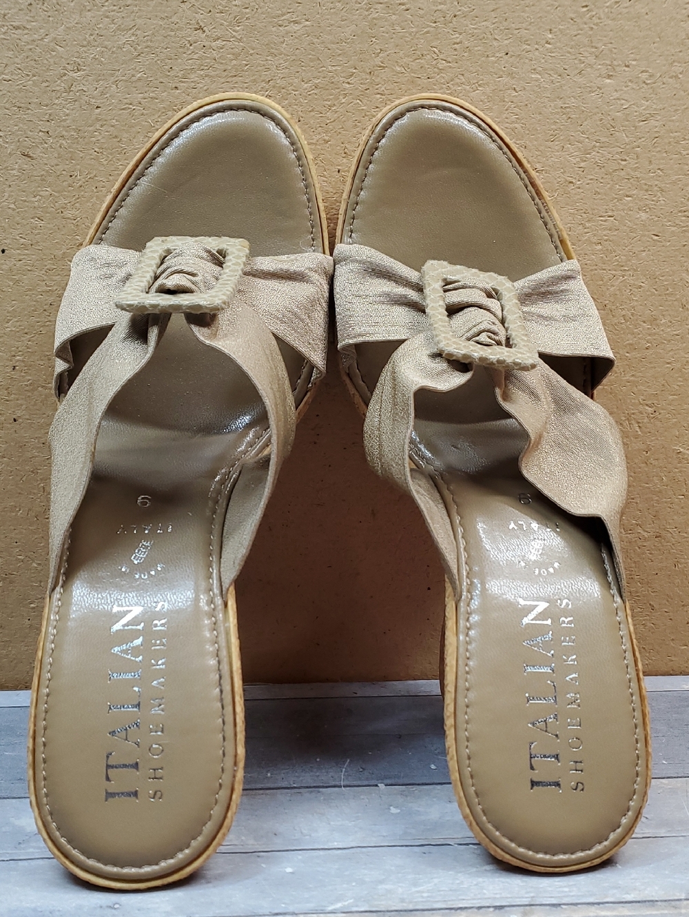 Italian Shoemakers Tan Slip-On Wedges with Knotted Buckle Size 9